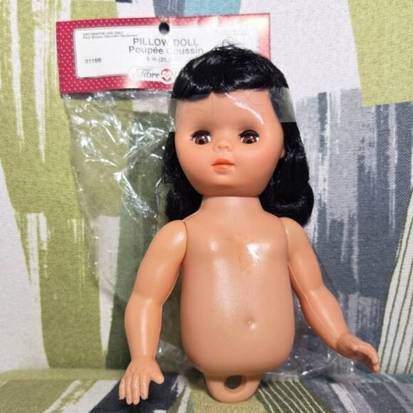 Vtg Fibre Craft Doll Pillow Doll 8" Tall Poupee Coussin Brown Hair Brown Eyes - Picture 2 of 10